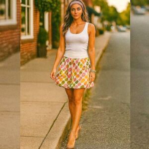 Etcetera Linen Blend Size 8 Watercolor Bubble Hem Mini Skirt Pastel Dot Pleated